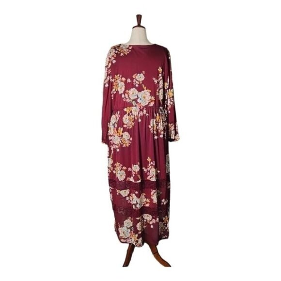 Burgundy Cherry Maroon Floral Fall Maxi Dress w/ Lace 3X Boho Chic Cottagecore - Picture 9 of 12
